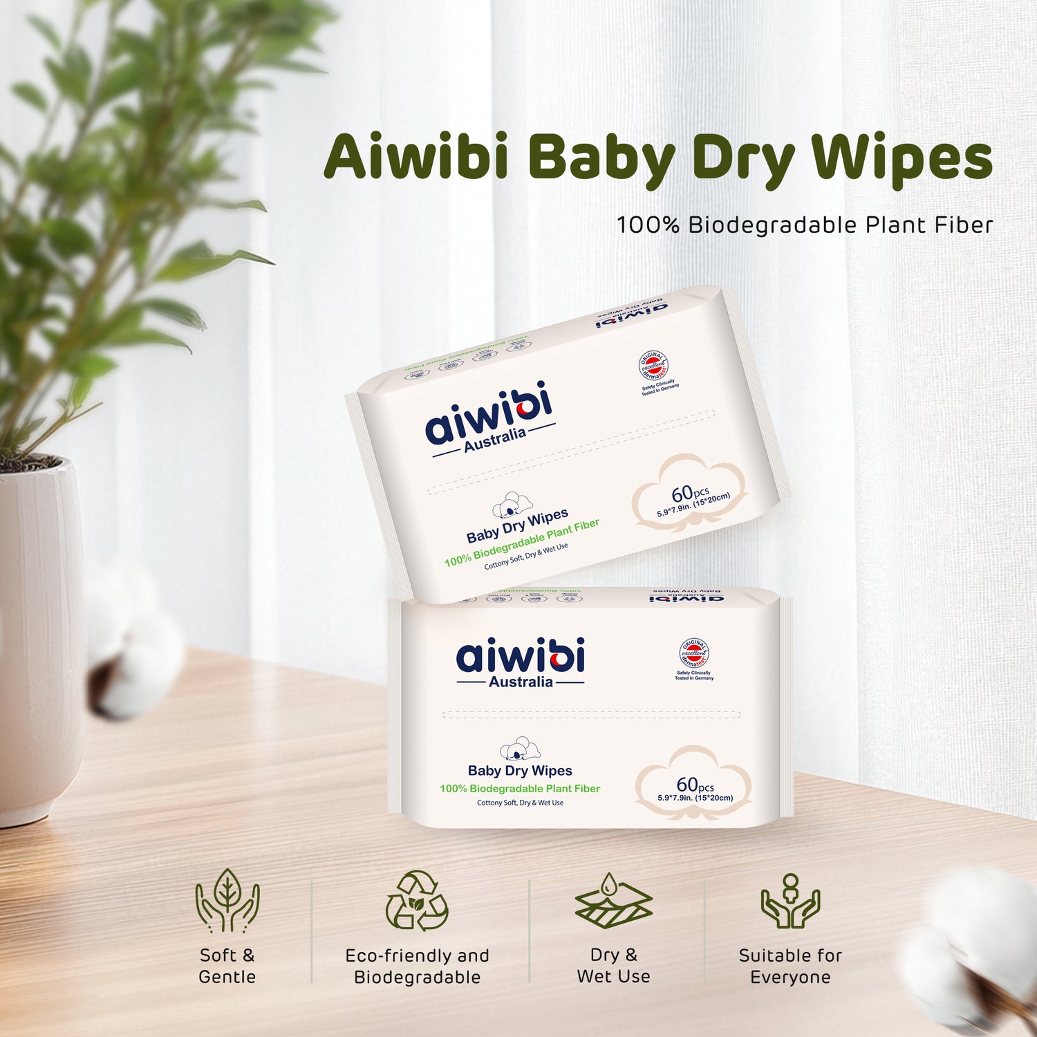 Aiwibi Baby Plant-Based Biodegradable Dry Wipes 60's