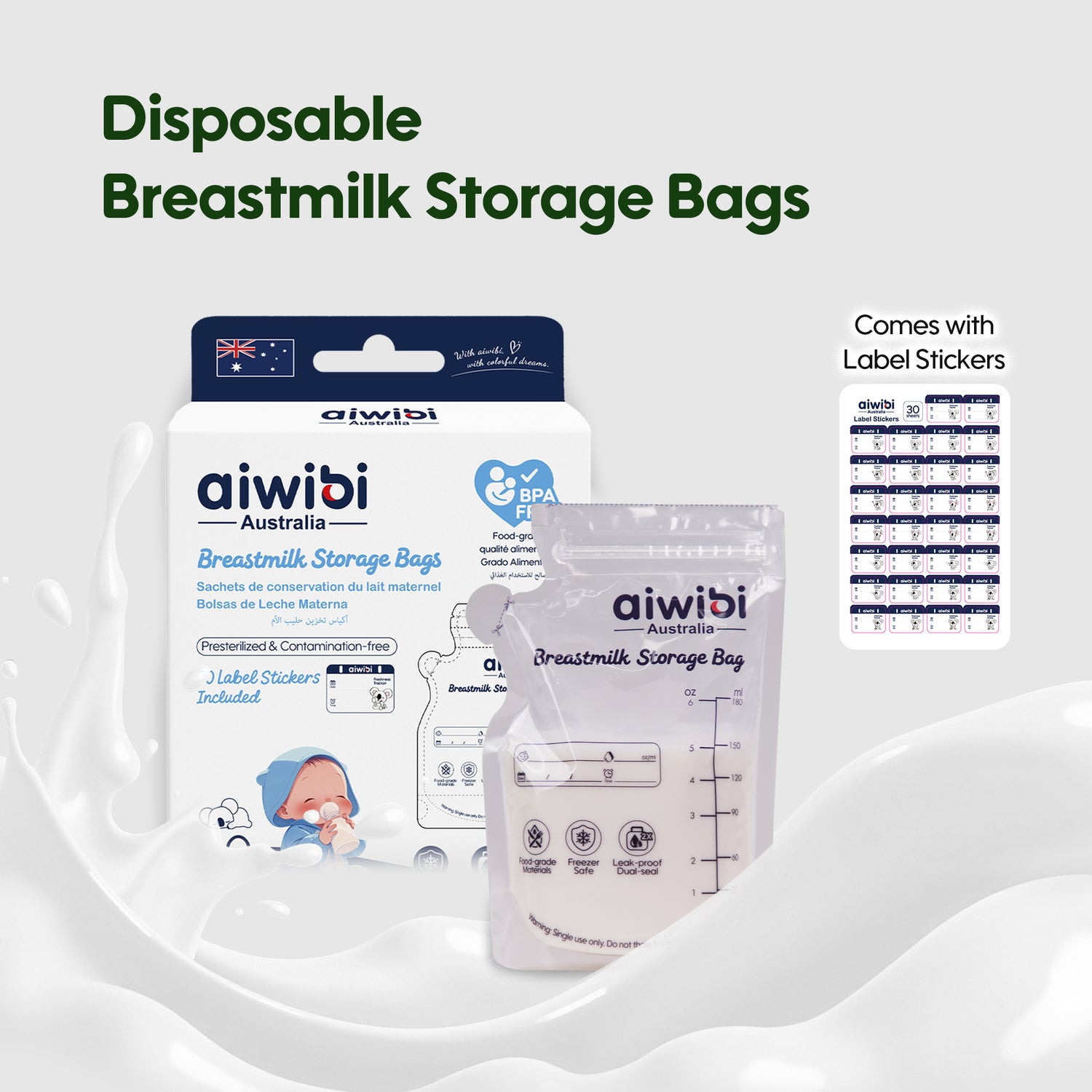Aiwibi Breastmilk Storage Bags 30's (180ml)