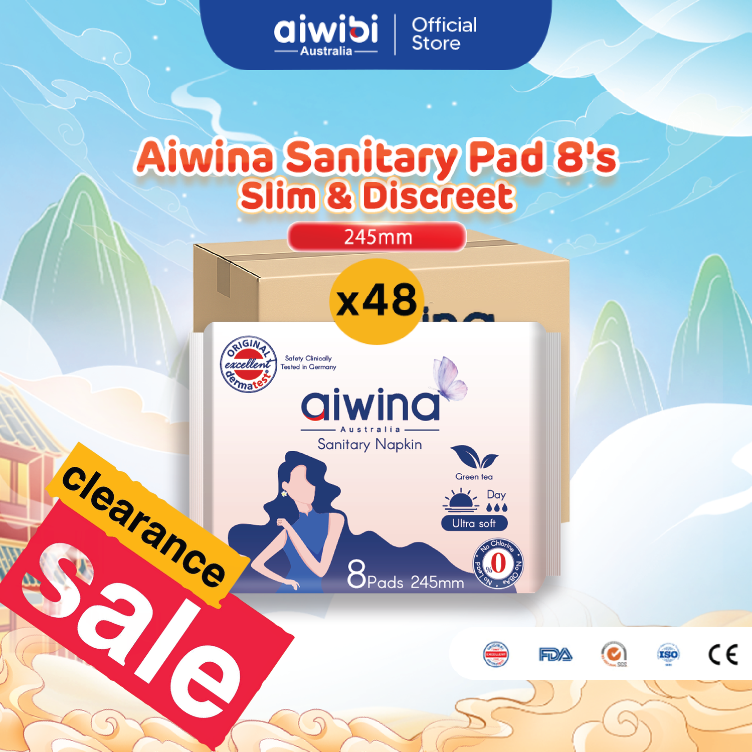 [Clearance Sale] AIWINA Sanitary Pad 24.5 cm (8 Pieces) – Full Carton Only | 48 Packs