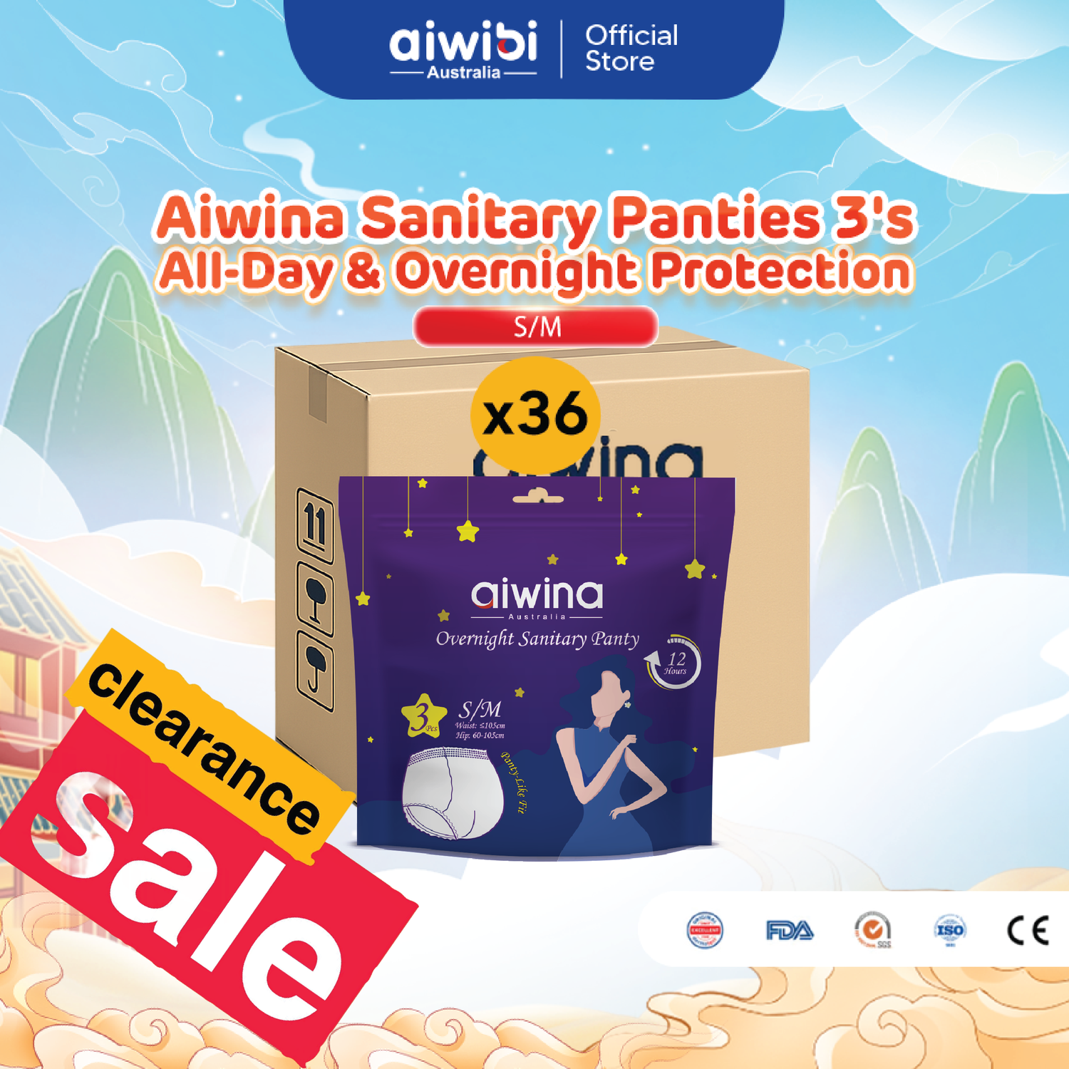 [Clearance Sale] AIWINA Sanitary Panties (3 Pieces) – Full Carton Only | 36 Packs